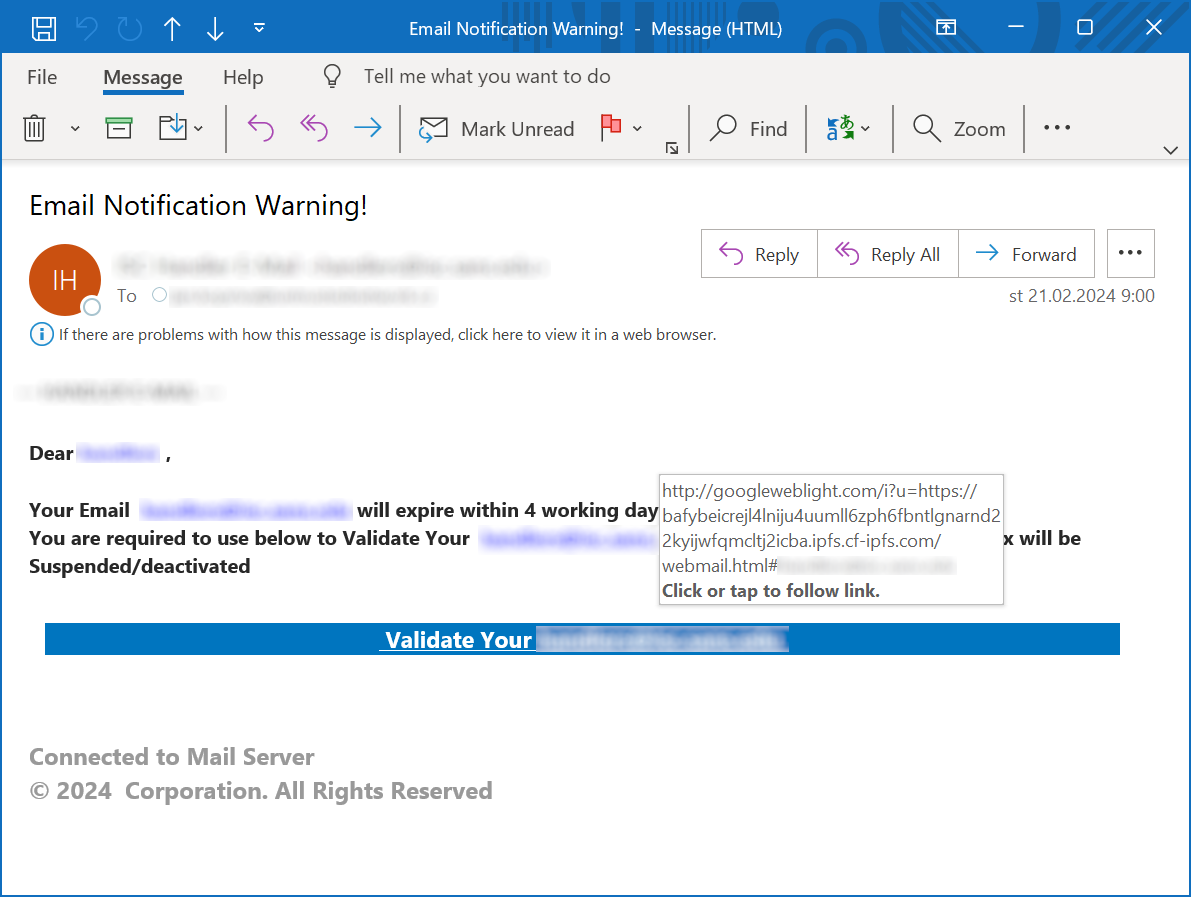 Phishing message with link pointing to googleweblight.com
